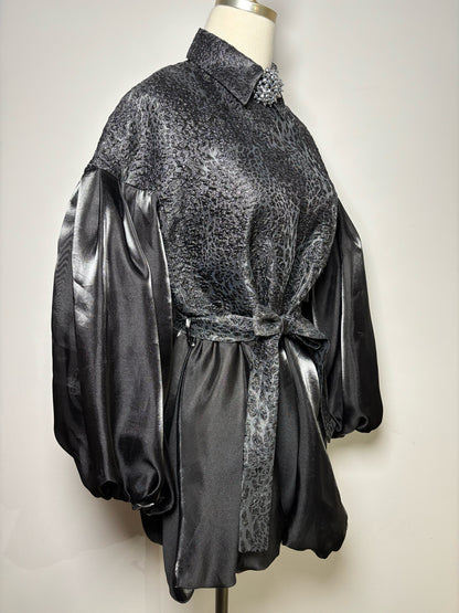 Women Size S BAQA Black Solid Metallic Sparkle w/Belt Blouse