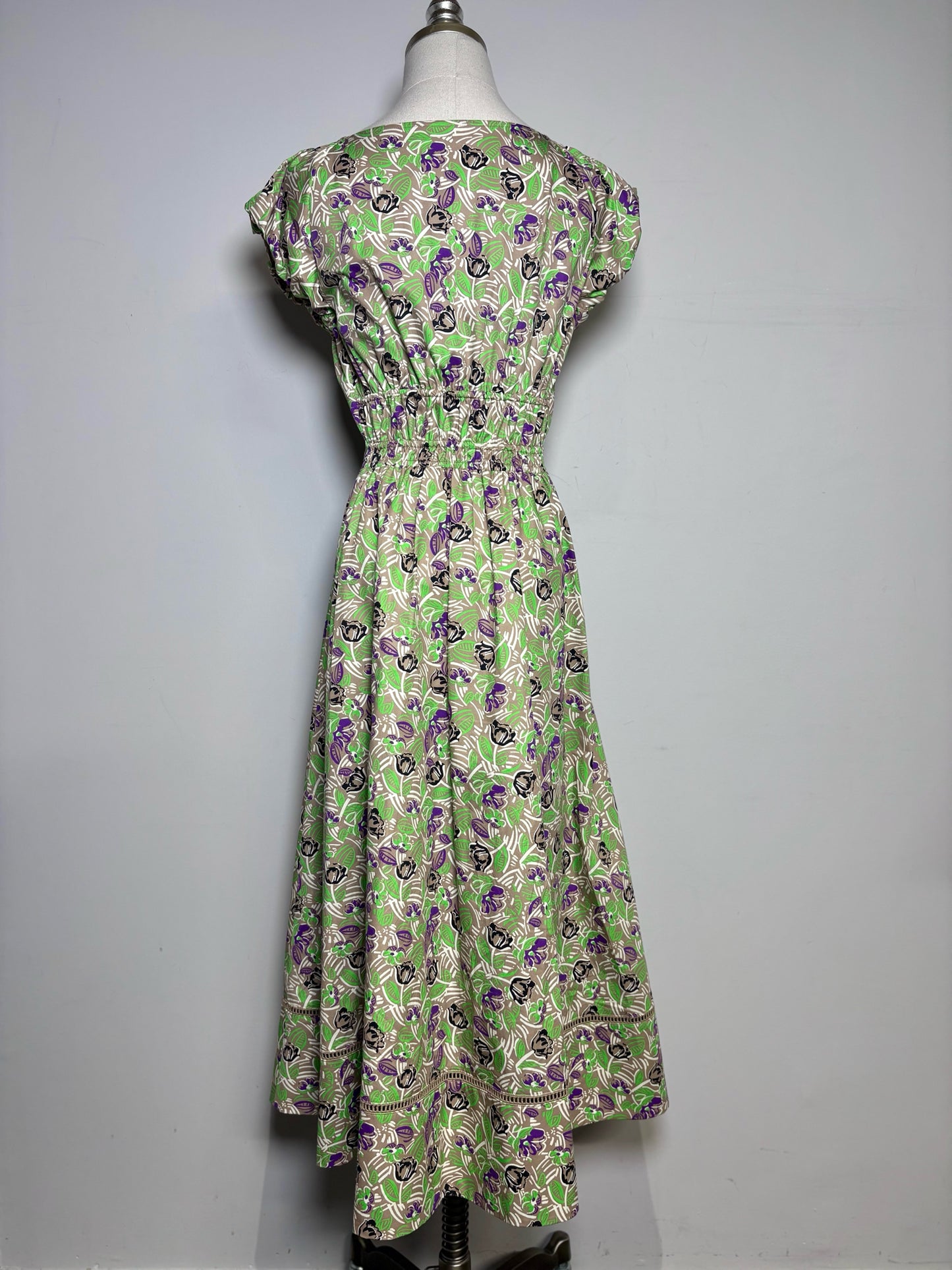 Women Size 4 Tory Burch Brown, Green Floral Pure Cotton Women's Pre-owned Dress