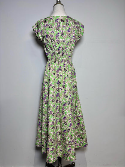 Women Size 4 Tory Burch Brown, Green Floral Pure Cotton Women's Pre-owned Dress