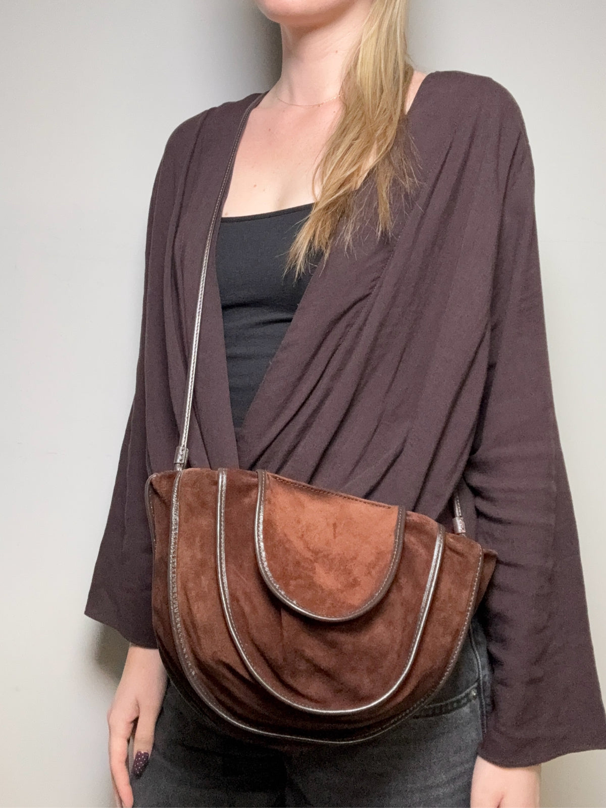 Women's STAUD Wells Convertible Brown Suede Black Leather Pre-Owned Shoulder Bag / Clutch