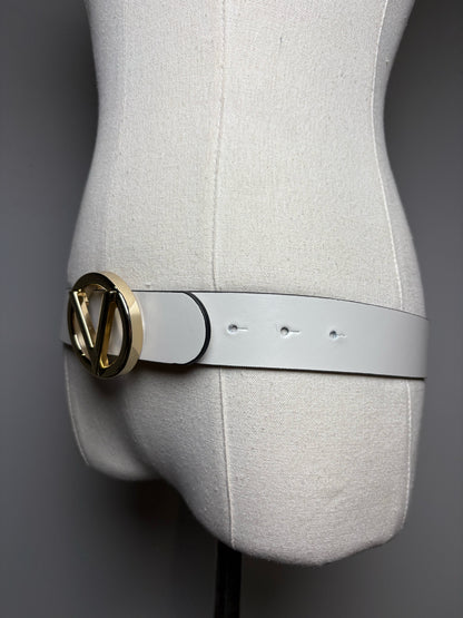 Women's Size S Mario Valentino V Giusy Beige Leather Gold-Tone Logo Pre-Owned Belt
