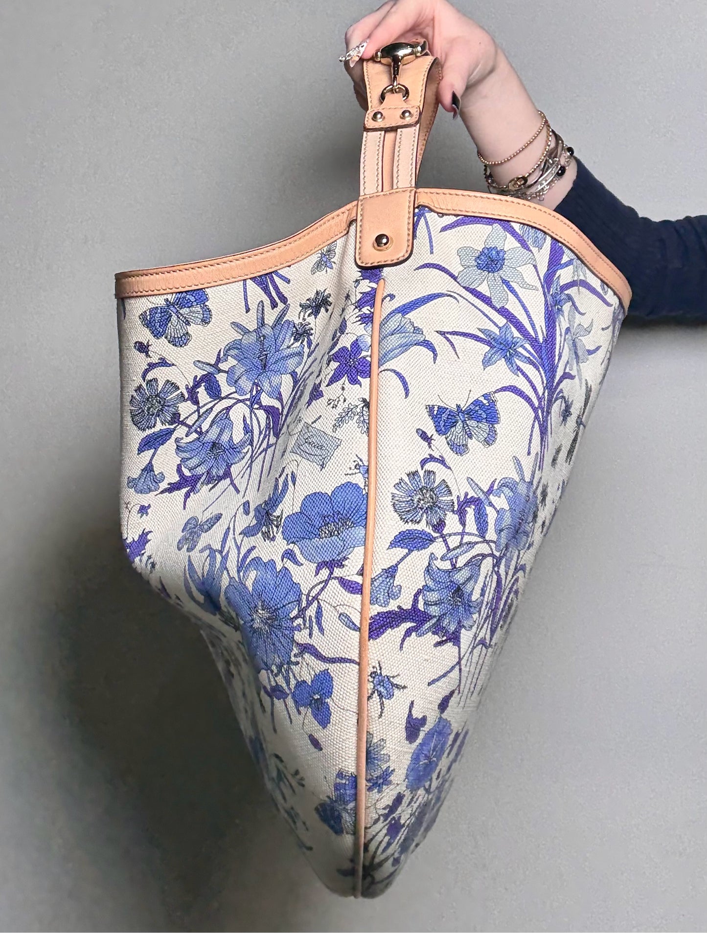 Gucci Flora Wave Horsebit Canvas, Leather Bag