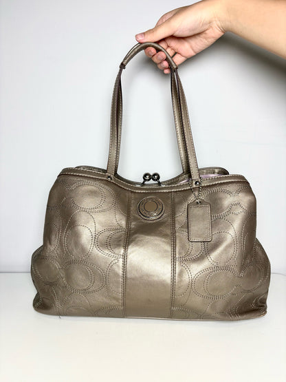 Coach Gunmetal Silver Stitched Logo Vintage Satin-Lined Pre-owned Women's Purse
