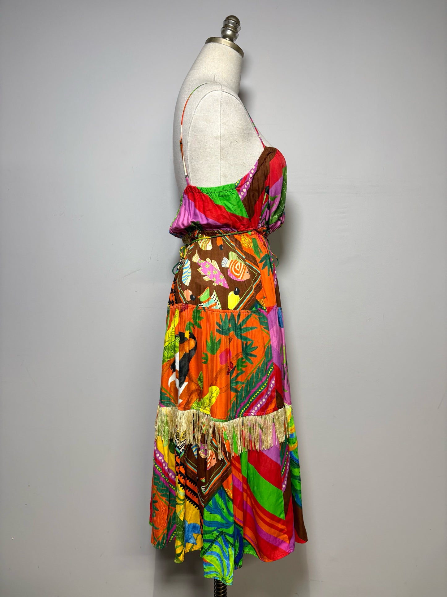 Women Size S Farm Rio Palila Tropical Pre-Owned Fringed Midi Dress