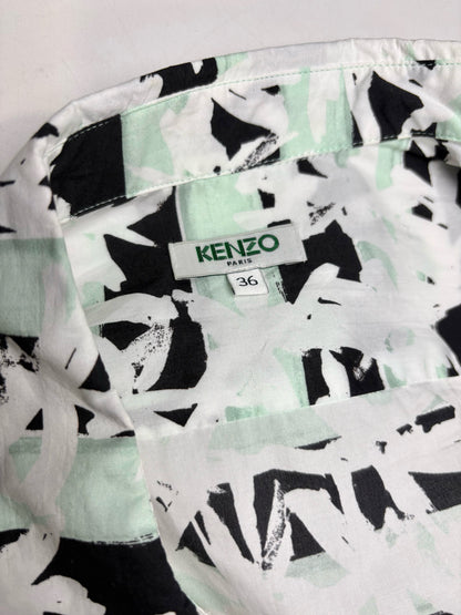 Women's Size 36 (XS) Kenzo White Black & Mint Green Geometric Print Cotton Pre-Owned Shirt