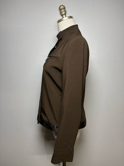 Women Size 40 (US S) Prada Brown Wool Blend Pre-Owned Embroidered Logo Bomber Jacket