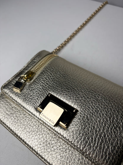 Women's Authentic Tiffany & Co. Metallic Gold Cowhide Leather Pre-Owned Small Crossbody Bag