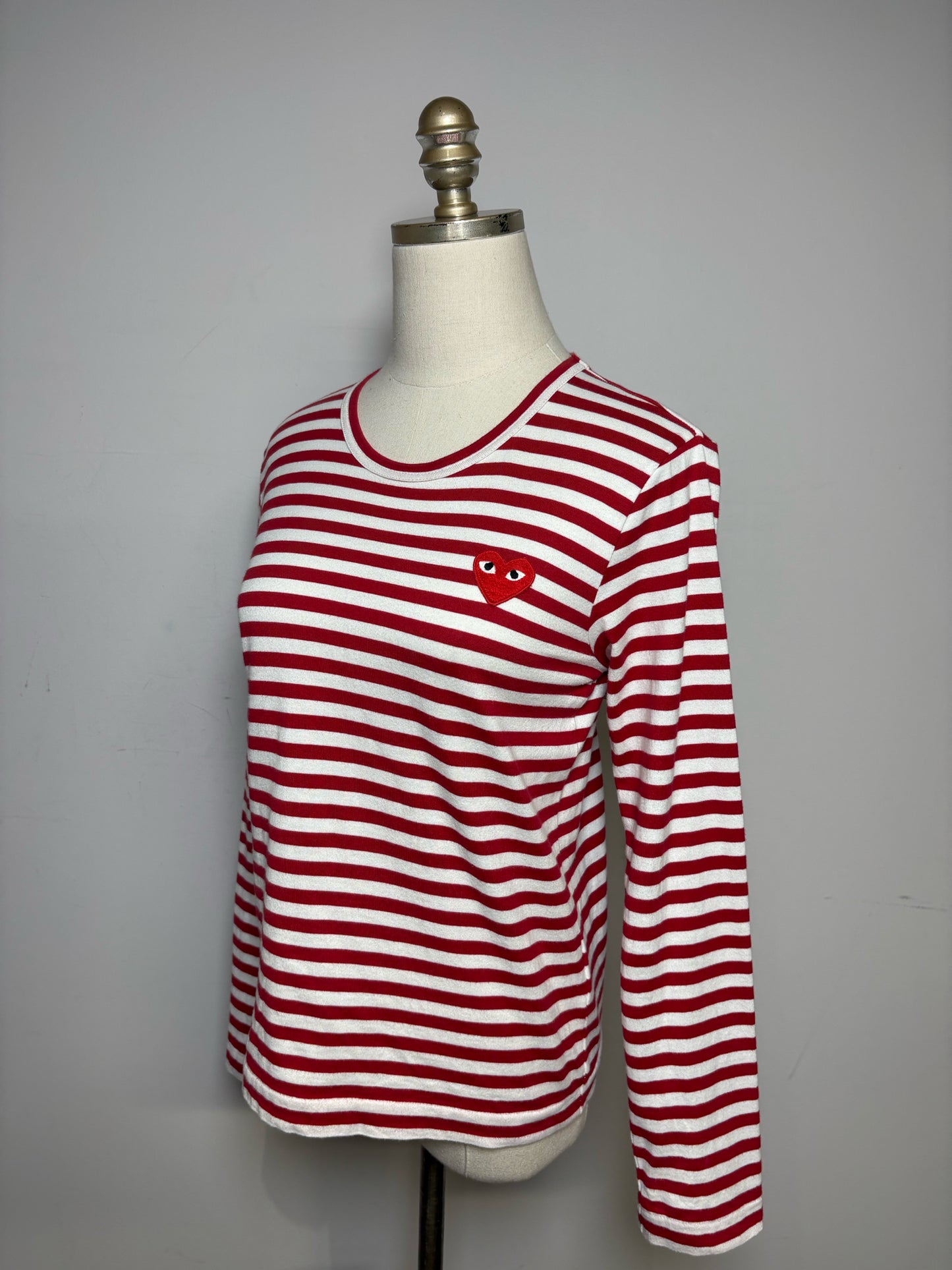 Women Size S Comme des Garçons Red & White Striped Pure Cotton Pre-Owned Heart Patch Shirt