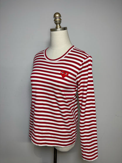 Women Size S Comme des Garçons Red & White Striped Pure Cotton Pre-Owned Heart Patch Shirt