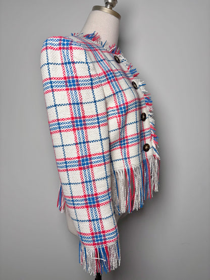 Women Size 10 Veronica Beard Cream, Blue, Red Checkered, Fringed Blazer
