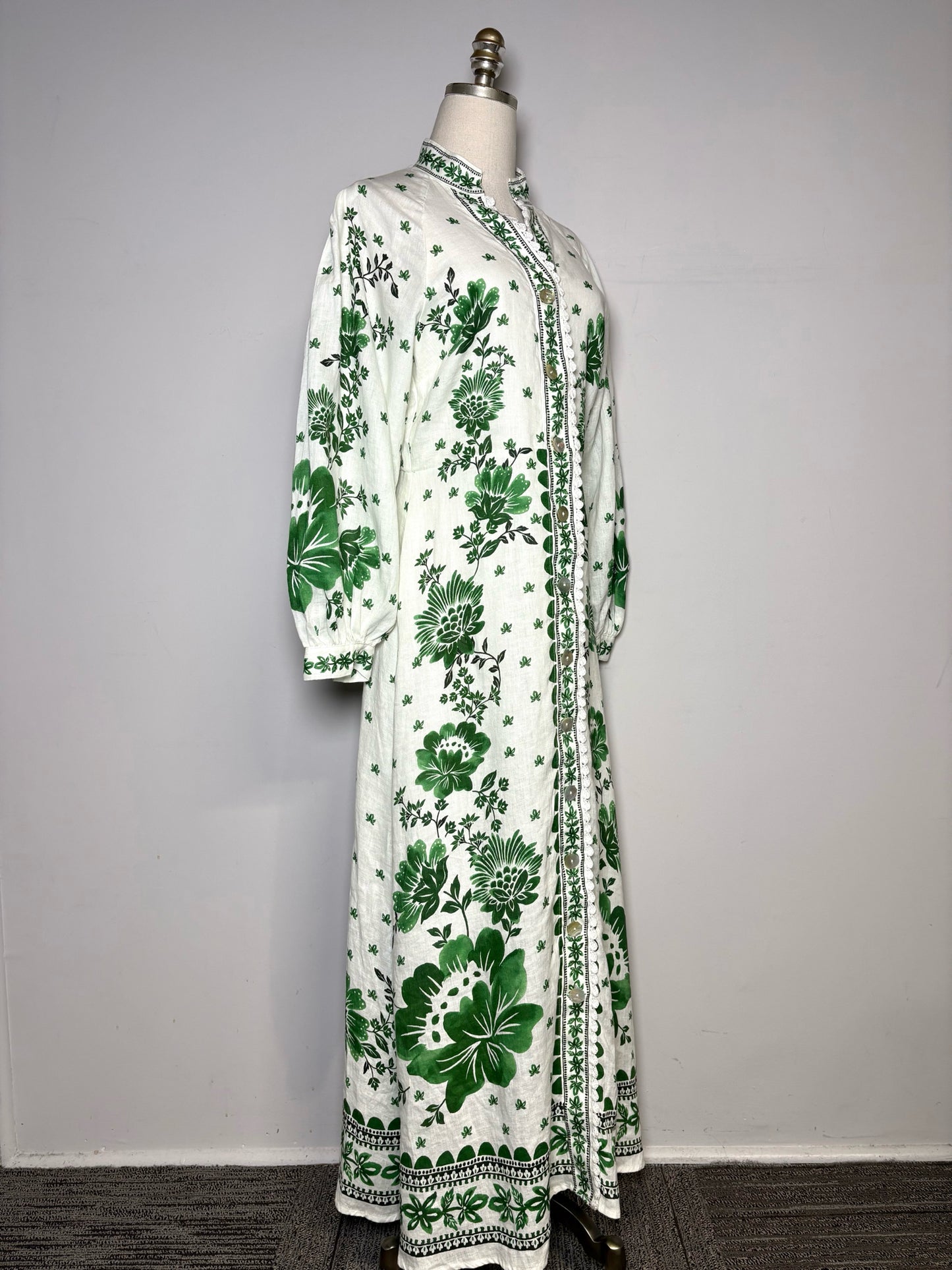 Women Size M Magaschoni White, Green Floral Pure Linen Pre-owned Dress