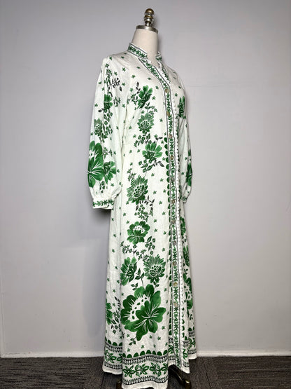 Women Size M Magaschoni White, Green Floral Pure Linen Pre-owned Dress