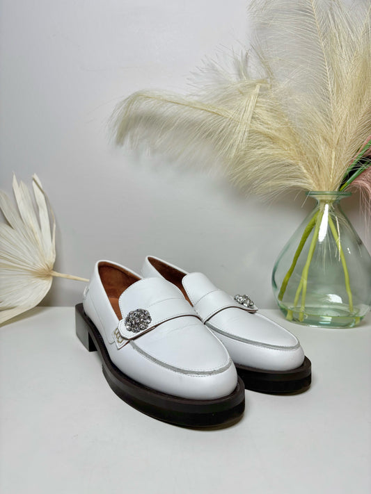 W Shoe Size 8 Ganni White Leather Cowhide NWOT Loafers