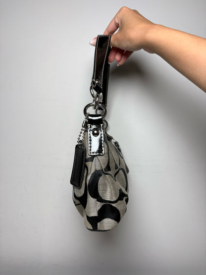 Women's Coach Black & Grey Signature Canvas Y2K Vintage Pre-Owned Half Moon Shoulder Bag
