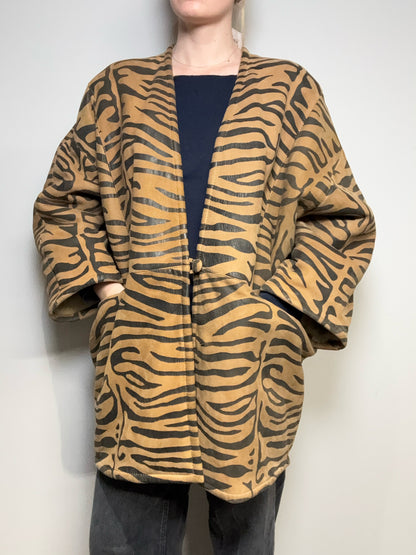 Women's Size S Bergdorf Goodman Vintage Tiger Print Leather Suede Shearling Pre-Owned Coat