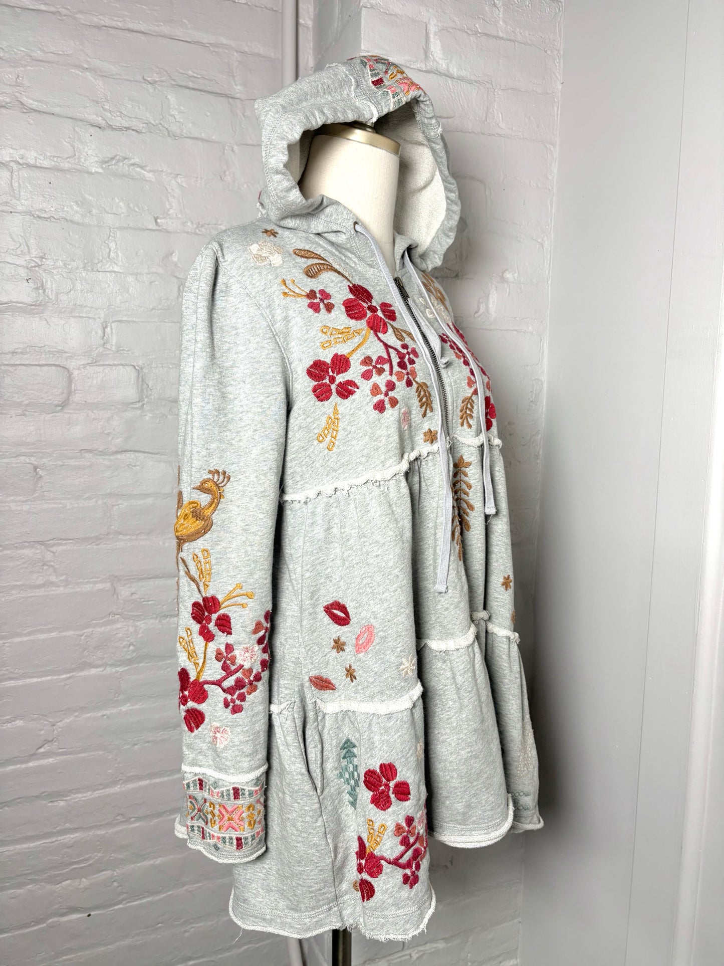 Women Size S Johnny Was Gray Embroidered Cotton Zip Front Hood Jacket