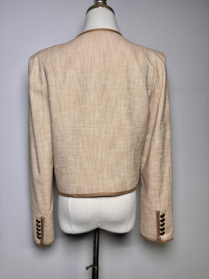 Women Size 10 Veronica Beard Tan Tweed Cotton Blend Brown Piping Jacket Pre-Owned