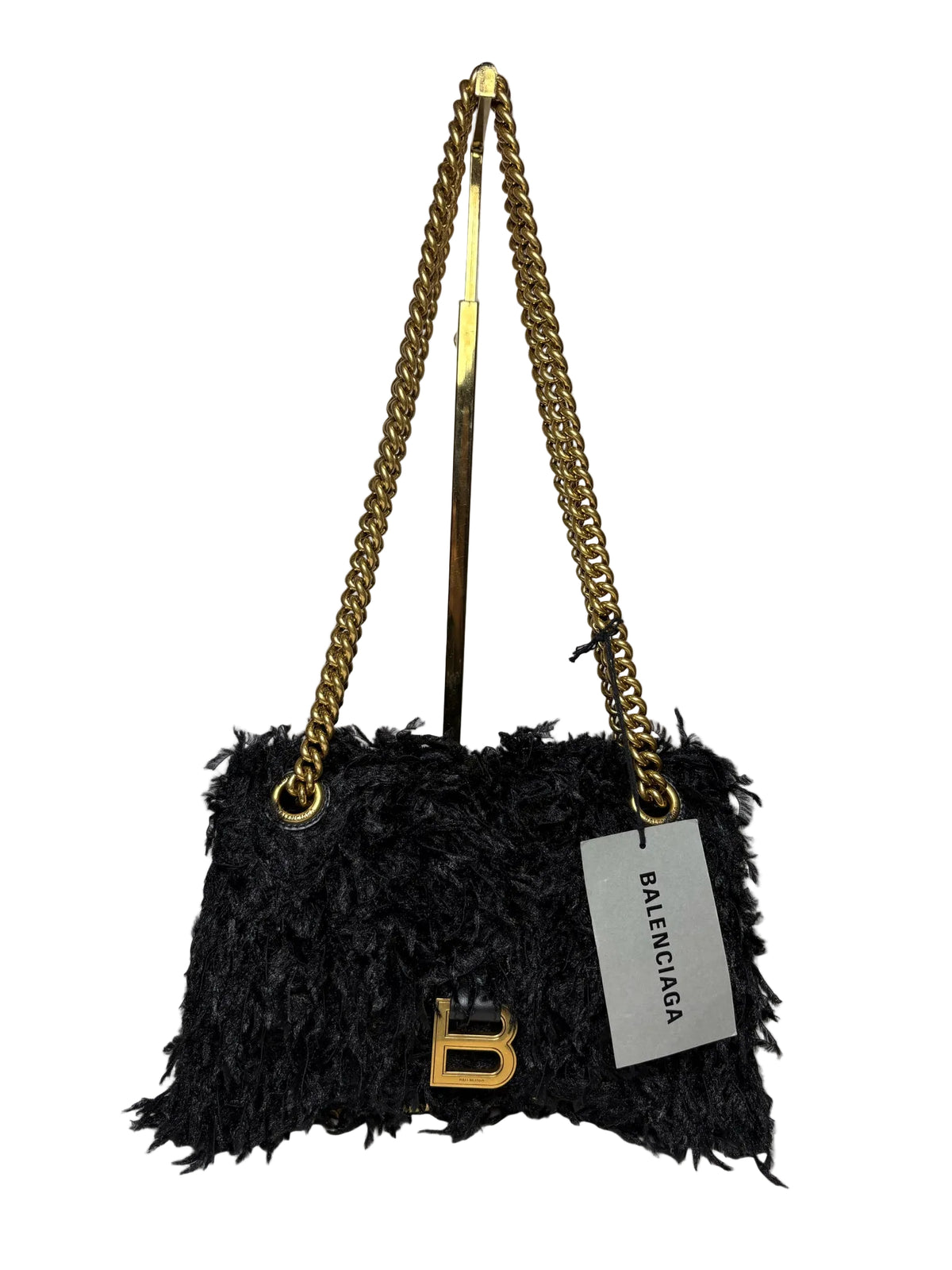 Black feather Balenciaga bag with gold hardware "B" logo and chain strap