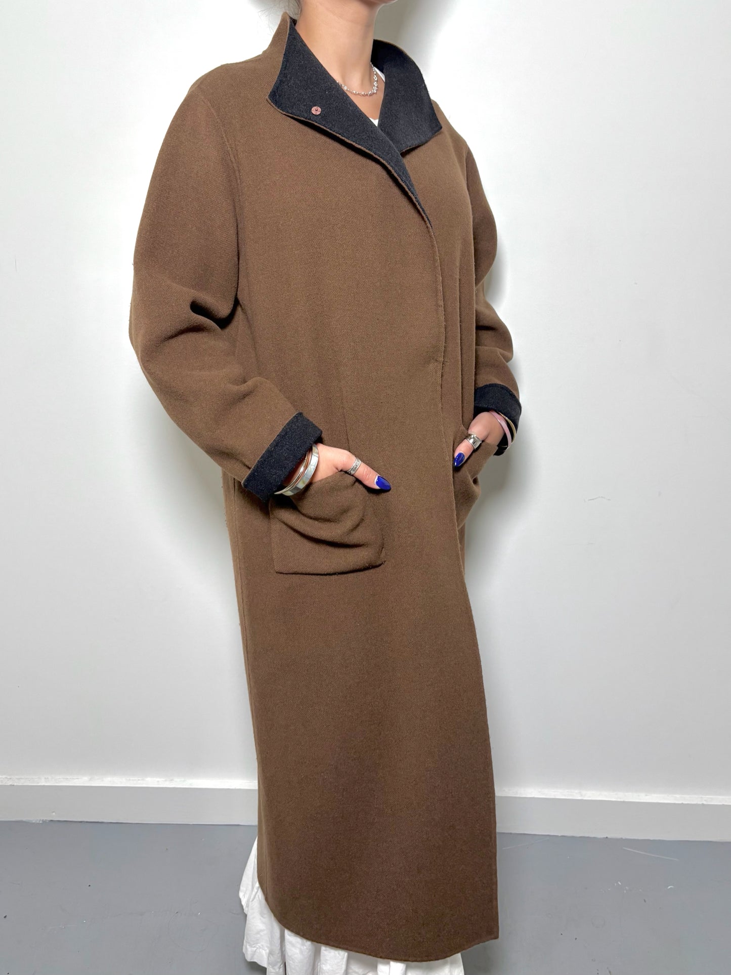 Women Size L Eileen Fisher Brown, Black Solid Coat