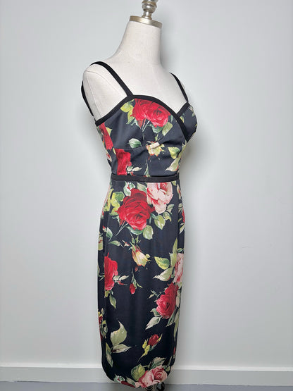 Women Size 4 Black Halo Black Floral Print Sheath Midi Dress