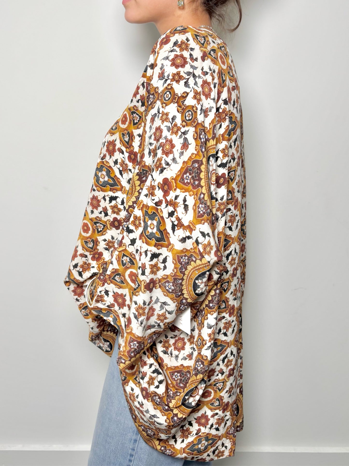 Women Size 1 (XXL) Eskandar Multi-Color Floral Print Pure Silk Blouse