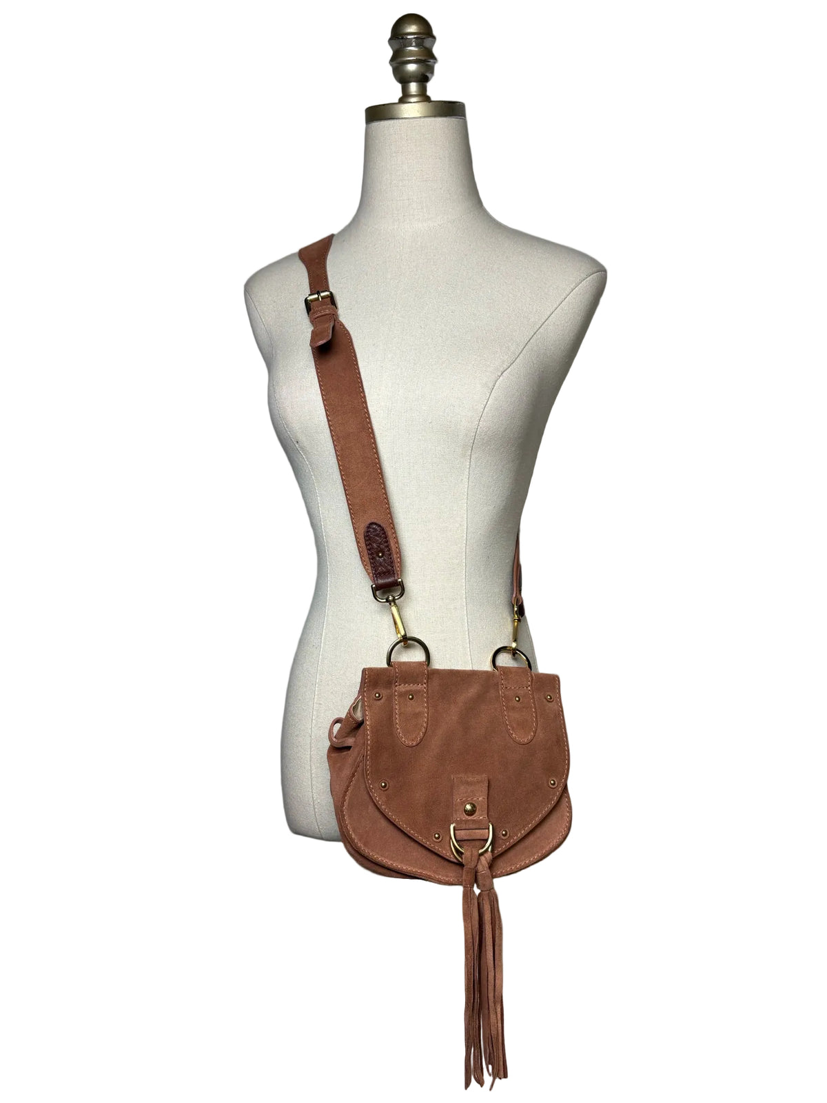 Brown crossbody bag with a fringe accent