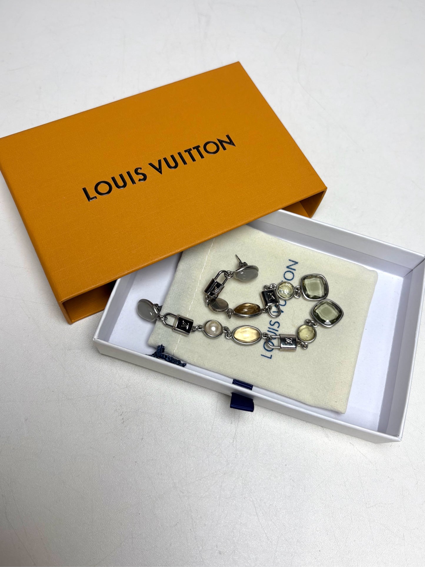 Louis Vuitton Faux Pearl Crystal Palladium Plate Drop Padlock Pre-owned Earrings