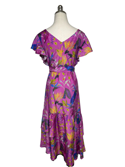 Women Size 8 Tanya Taylor Purple Multicolor Leaf Print Pure Silk Pre-Owned Wrap Midi Dress