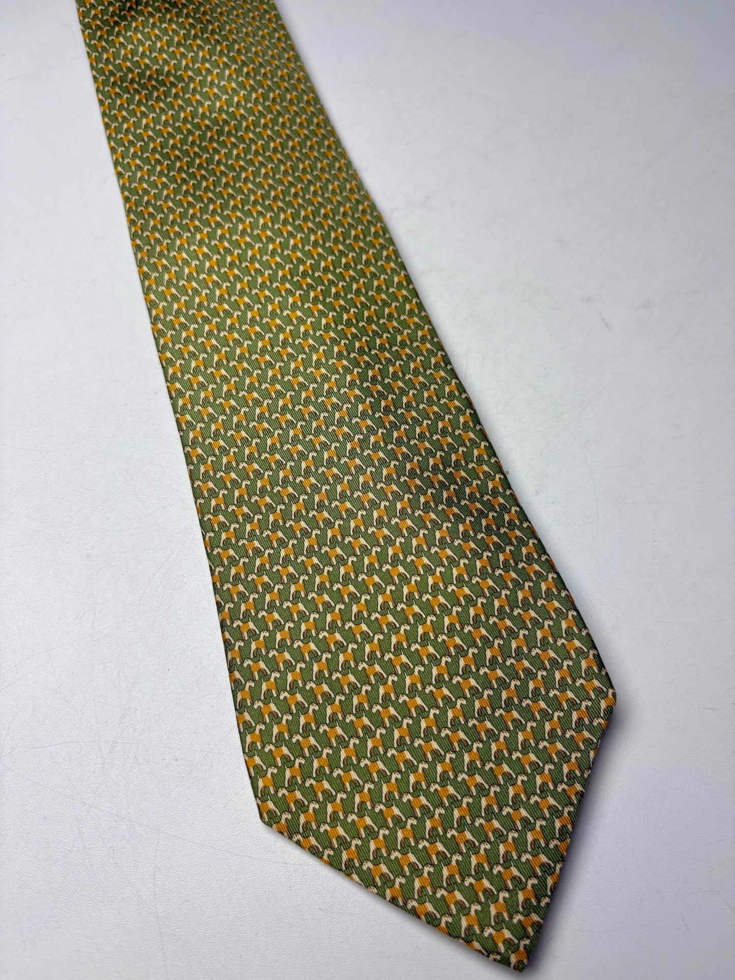 Men's Salvatore Ferragamo Chartreuse Terrier Dog Print Pure Silk Pre-Owned Authentic Tie
