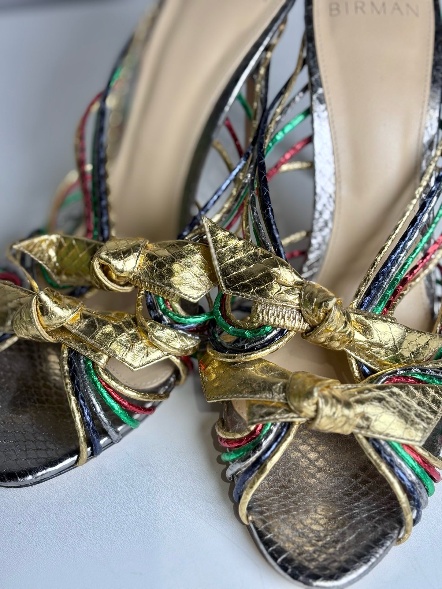 W Shoe Size 38 (8 US) Alexandre Birman Metallic Leather Python Embossed Heels
