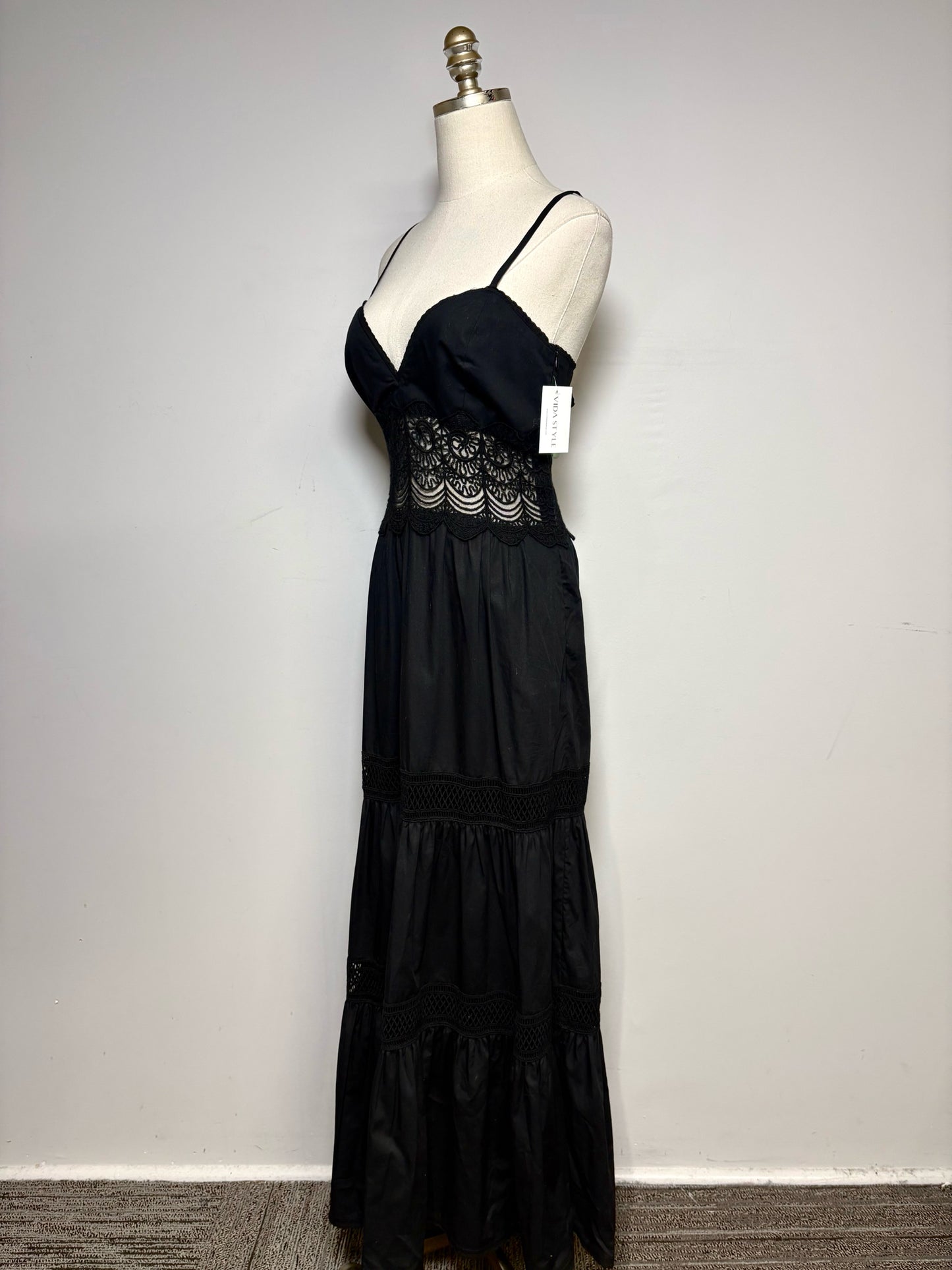 Women Size L Loretta Caponi Firenze Black Pure Cotton with Lace Pre-Owned Midi Dress