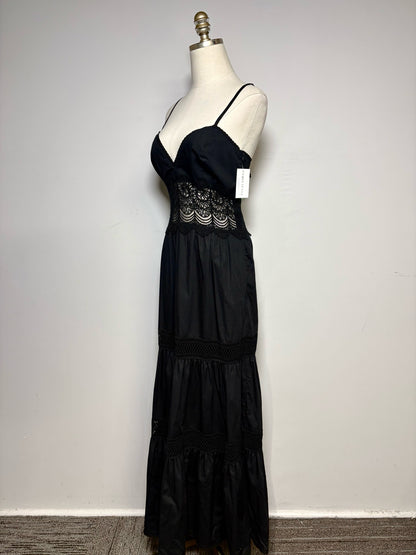 Women Size L Loretta Caponi Firenze Black Pure Cotton with Lace Pre-Owned Midi Dress