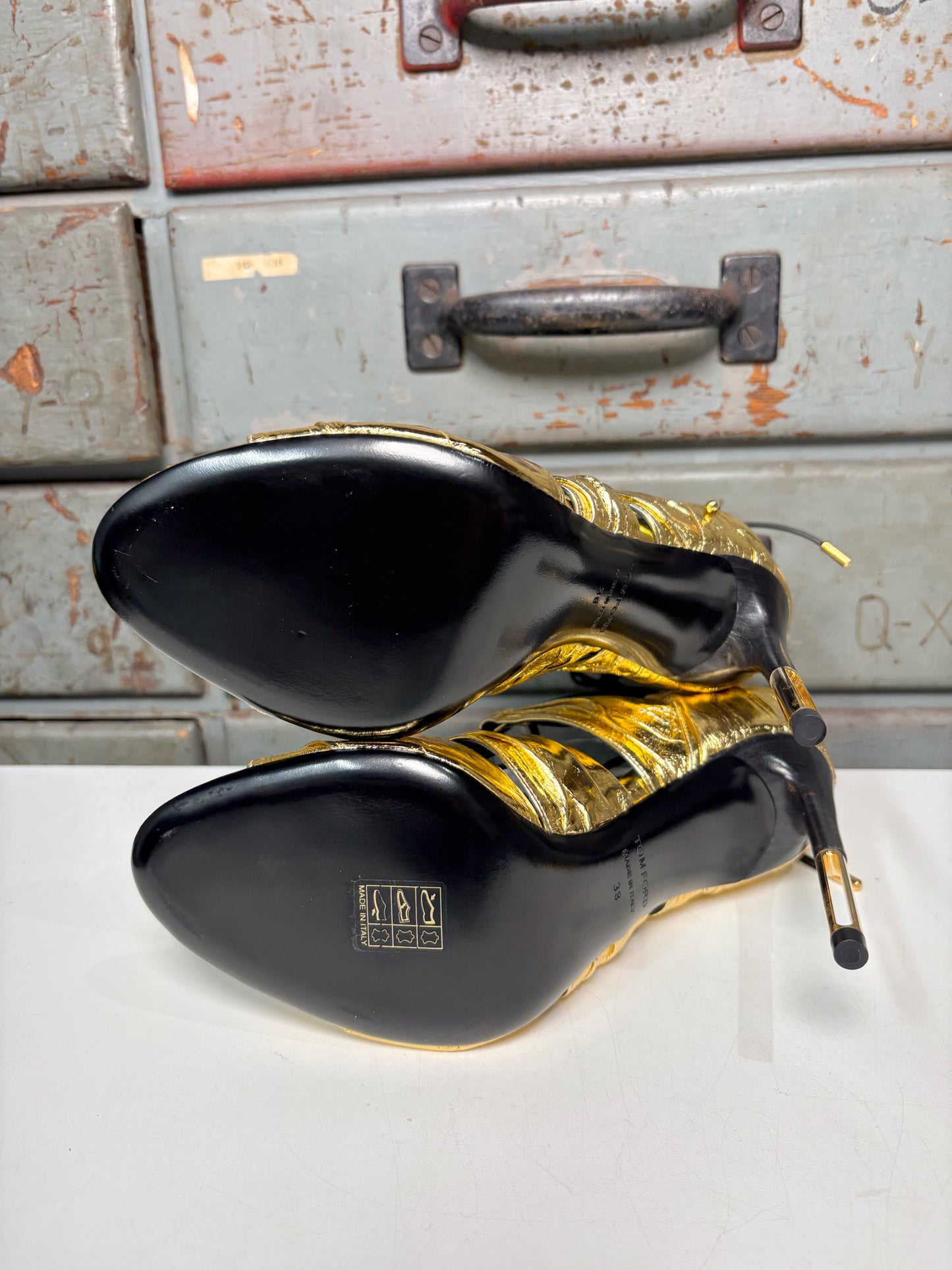 W Shoe Size 38 (7.5 - 8) Tom Ford Metallic Gold Leather Cage Stiletto Heels