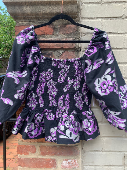 Women Size M Tanya Taylor Purple, Black, Silver Floral Print Emma NWT Blouse