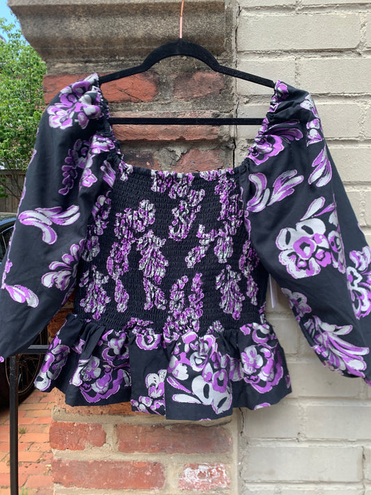 Women Size M Tanya Taylor Purple, Black, Silver Floral Print Emma NWT Blouse