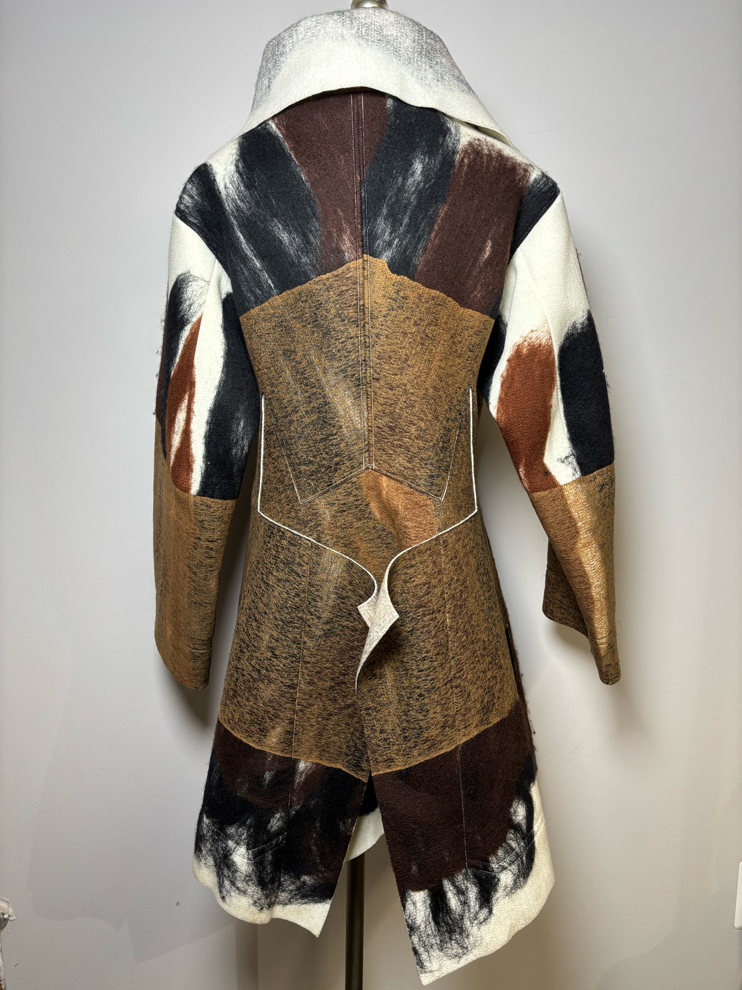 Rare, Vintage Issey Miyake Vintage Brown, Black, Cream Marbled Felt Coat, Sz S Pre-owned
