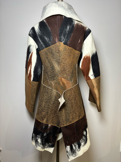 Rare, Vintage Issey Miyake Vintage Brown, Black, Cream Marbled Felt Coat, Sz S Pre-owned