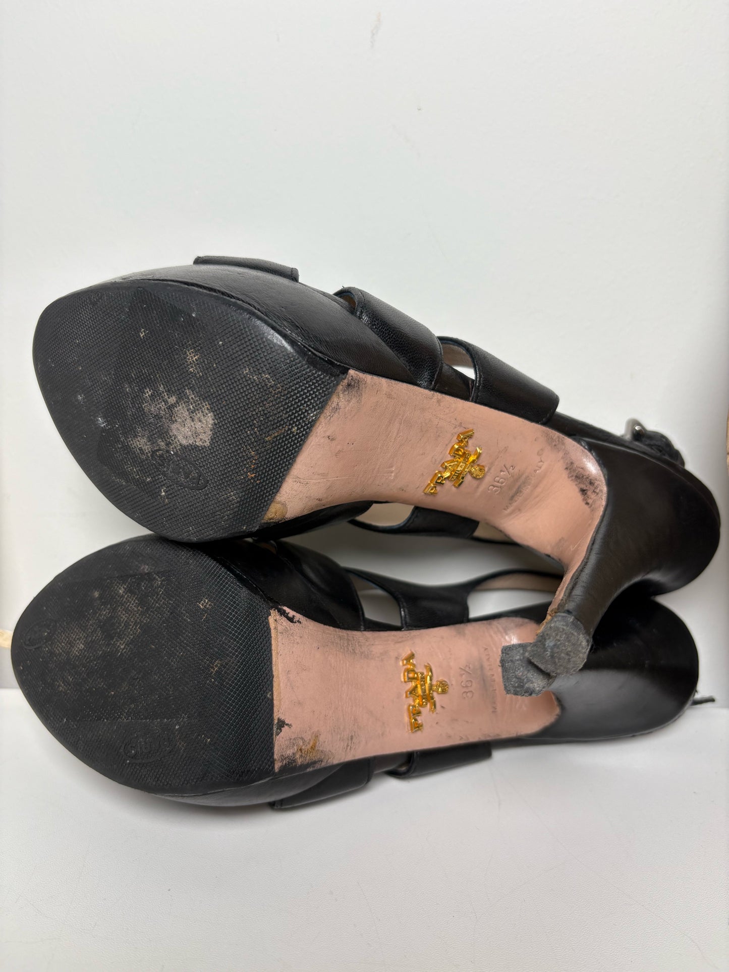 W Shoe Size 36.5 (6.5) Prada Black Leather Cage Heels