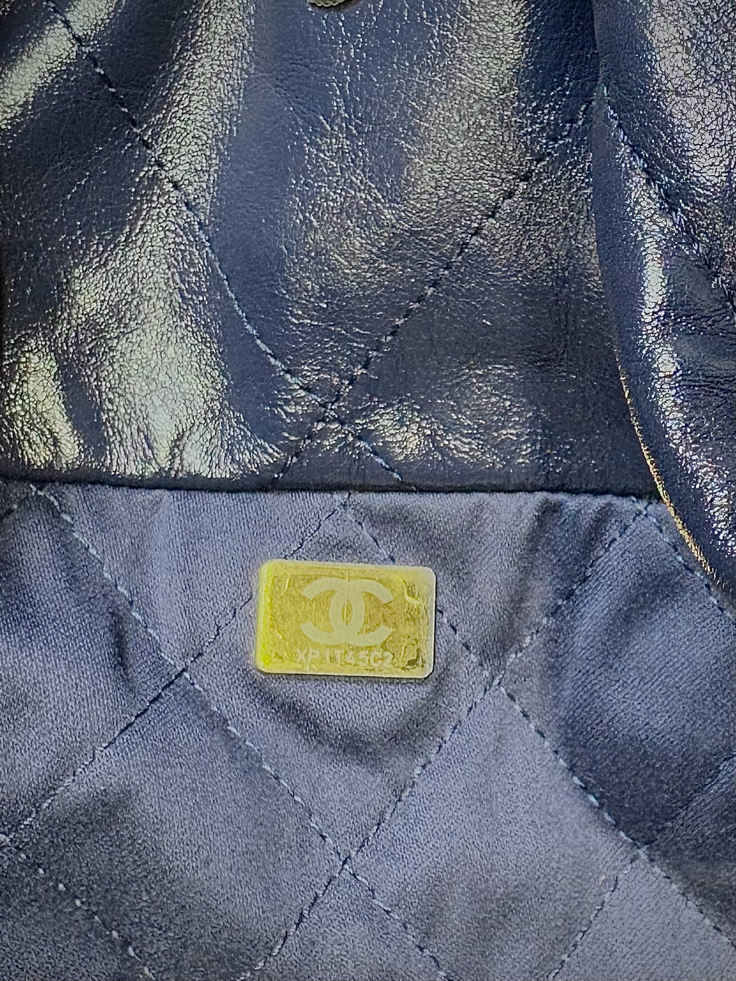 Chanel 22 Calfskin Leather Metallic Navy Blue Quilted Purse