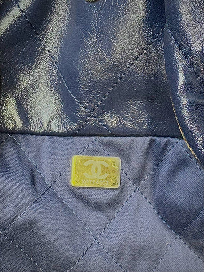 Chanel 22 Calfskin Leather Metallic Navy Blue Quilted Purse