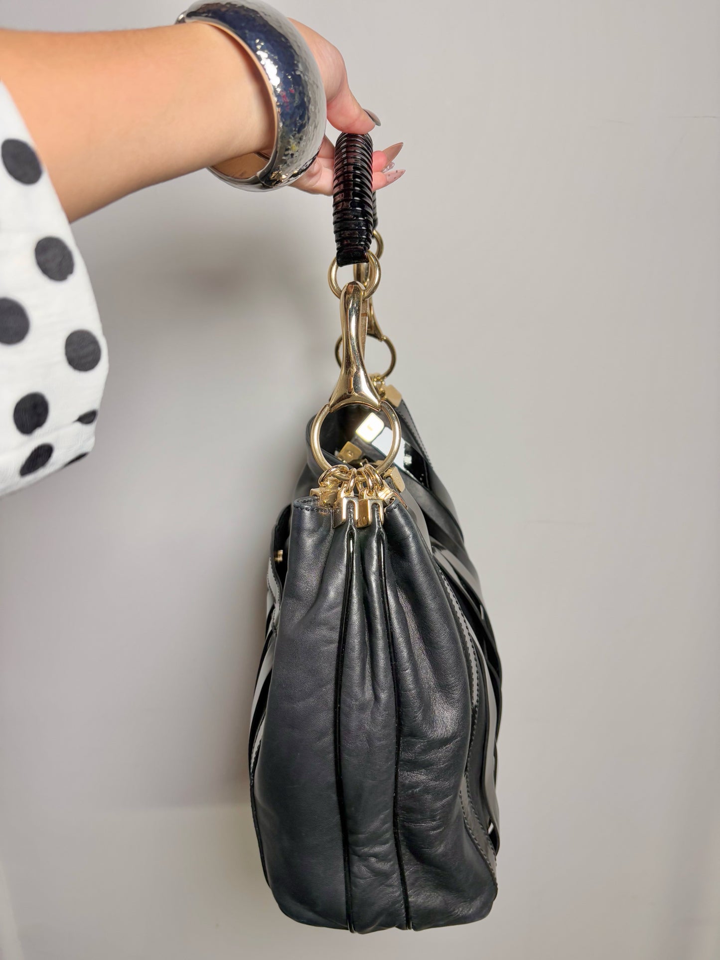 Patent Leather Versace Stripe Vintage Black & Gold Large Purse