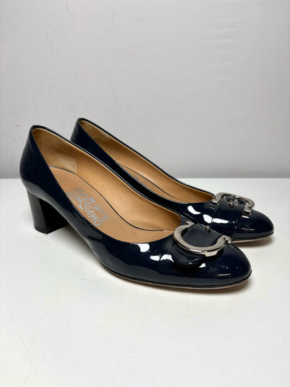 W Shoe Size 7.5 Salvatore Ferragamo Blue Leather Patent Women's Pre-owned Heels
