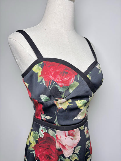 Women Size 4 Black Halo Black Floral Print Sheath Midi Dress