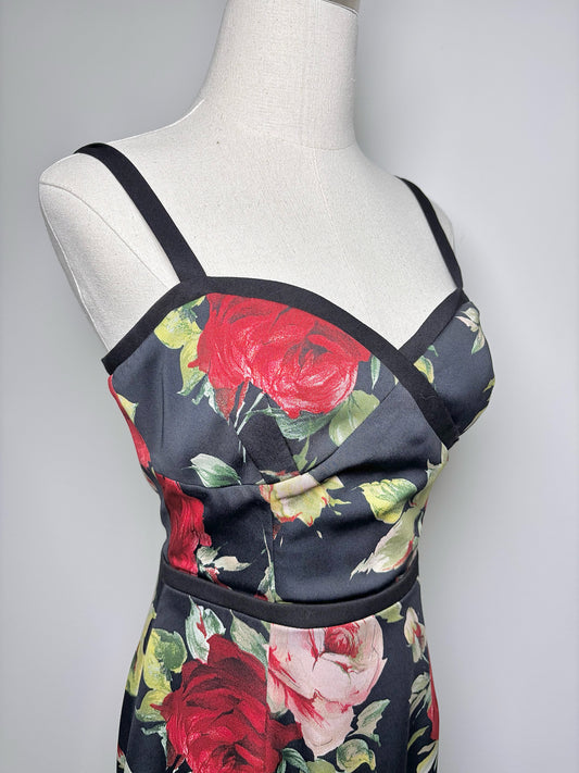 Women Size 4 Black Halo Black Floral Print Sheath Midi Dress