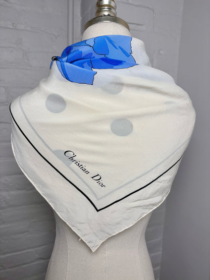Christian Dior Floral Silk Vintage Pre-owned White & Blue Scarf