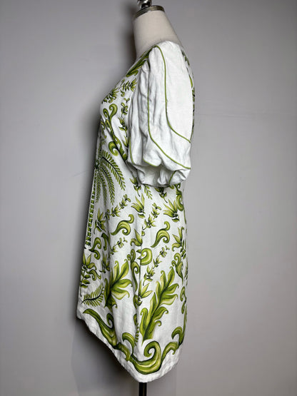 Pre Owned Size S Farm Rio White, Green Filigree Design Linen Women's Linen Dress