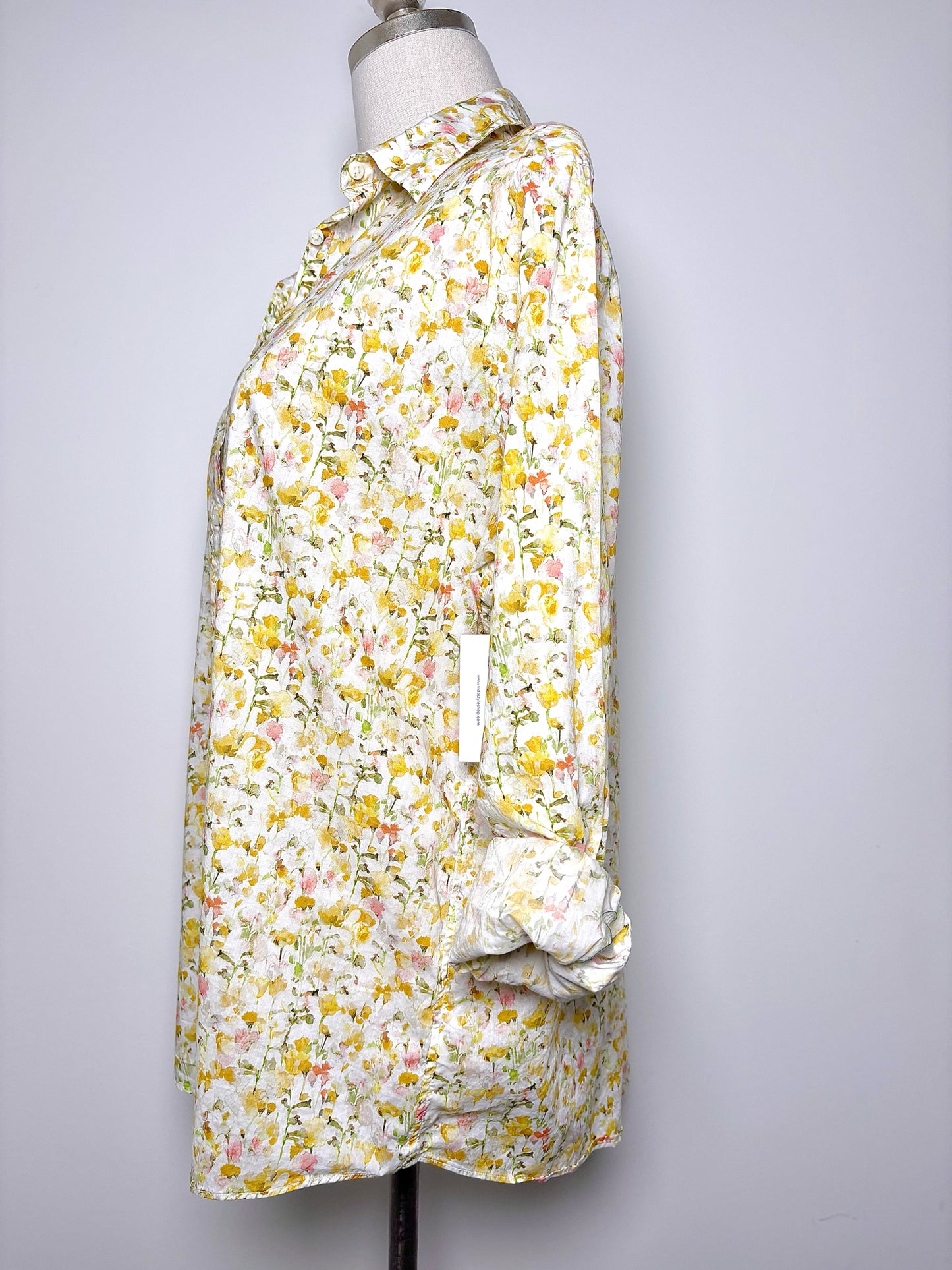 Women Size XL Ann Mashburn Yellow Floral Cotton Shirt