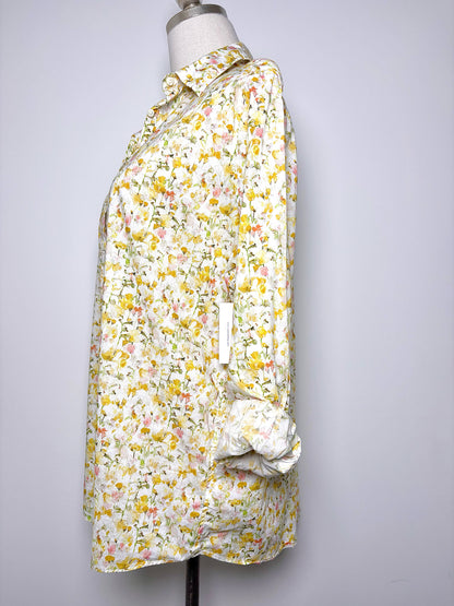 Women Size XL Ann Mashburn Yellow Floral Cotton Shirt