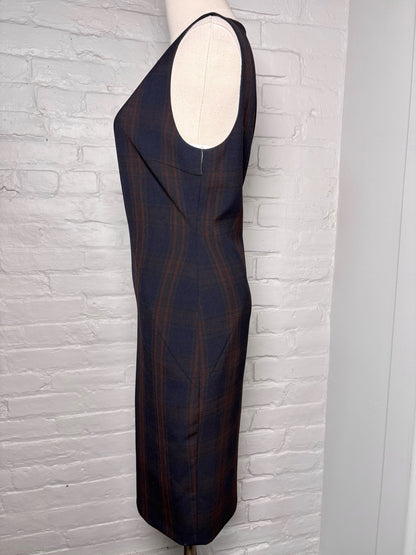 Women Size 10 Elie Tahari Navy, brown Plaid Polyester Blend Dress