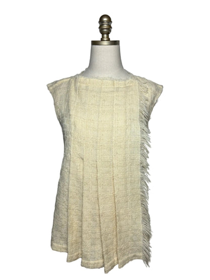 Cream Chanel frayed tweed pleated top on mannequin